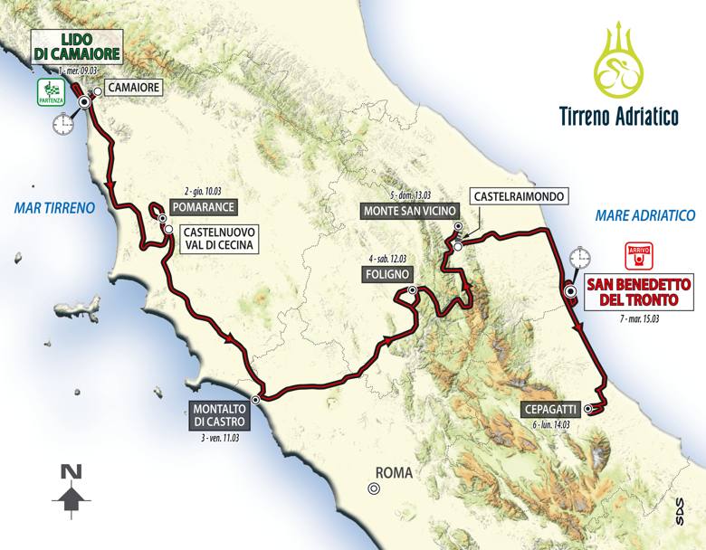 Dal 9 al 15 marzo si svolge la Tirreno-Adriatico, sette tappe, la cronosquadre di apertura, la crono individuale di chiusura. Il percorso totale  lungo 1019,8 km